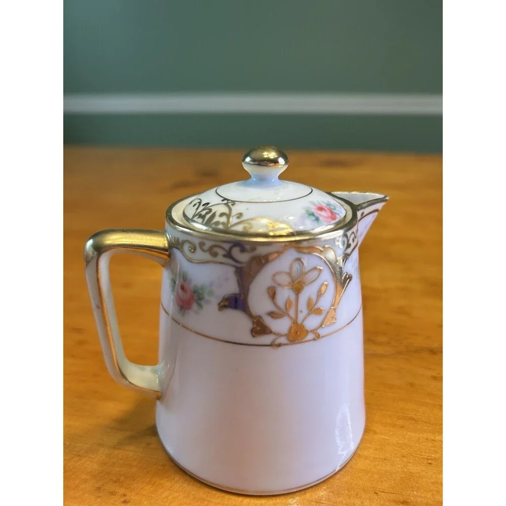 Nippon Hand Painted Porcelain Floral & Gold Gilt Syrup Pitcher‎ with Lid